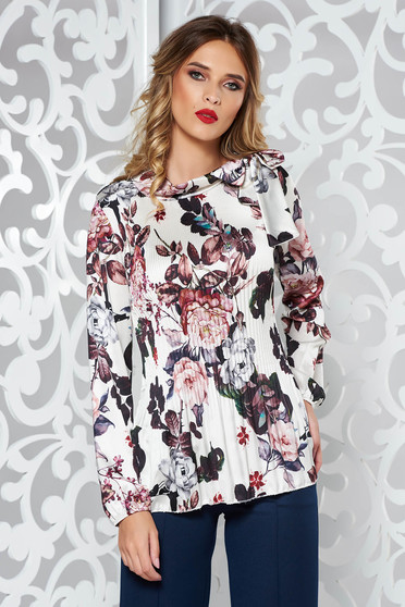Bluza dama SunShine alba eleganta cu croi larg plisata din material satinat cu maneci lungi