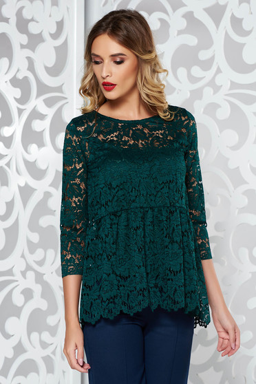 Bluza dama SunShine verde-inchis eleganta cu croi larg din dantela captusita pe interior cu peplum