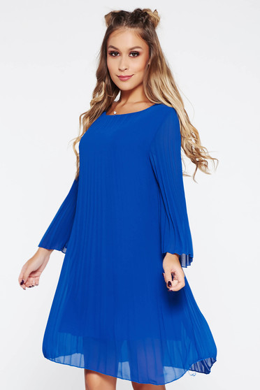 Rochie SunShine albastra de zi cu croi larg plisata din voal captusita pe interior cu maneca 3/4