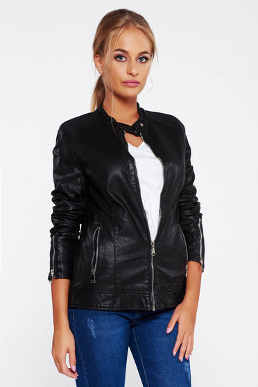 Geaca SunShine neagra casual din piele ecologica captusita pe interior cu buzunare