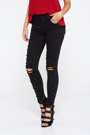 Blugi SunShine negri casual skinny cu talie inalta din bumbac cu aplicatii cu margele si buzunare