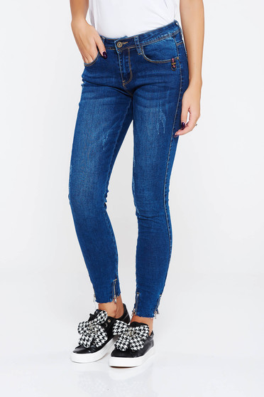 Blugi SunShine albastri casual skinny cu talie medie din bumbac cu buzunare