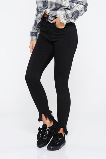 Blugi SunShine negri casual skinny cu talie inalta din bumbac cu rupturi si buzunare