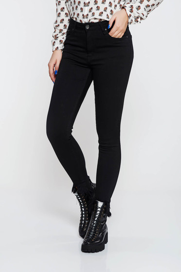Blugi SunShine negri casual skinny cu talie inalta din bumbac cu rupturi si buzunare