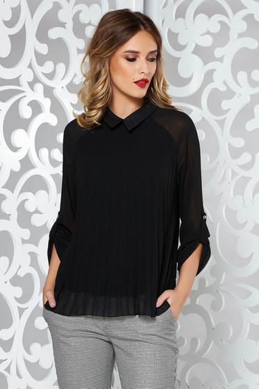 Bluza dama SunShine neagra eleganta plisata cu croi larg din material vaporos si transparent captusita pe interior