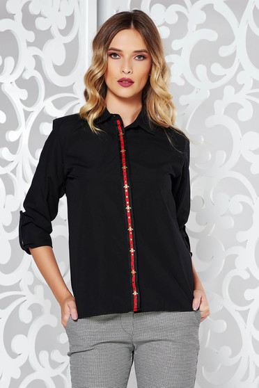 Camasa dama neagra office cu croi larg din bumbac usor elastic cu aplicatii metalice
