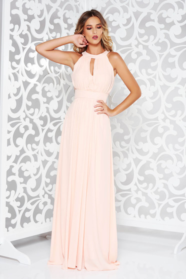 Rochie LaDonna piersica de ocazie in clos din voal captusita pe interior cu bust buretat