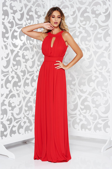 Rochie LaDonna rosie de ocazie in clos din voal captusita pe interior cu bust buretat