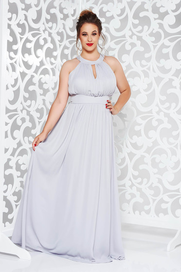 Rochie LaDonna gri de ocazie in clos din voal captusita pe interior cu bust buretat
