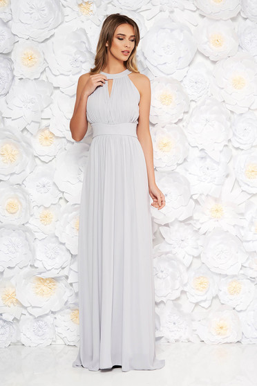 Rochie LaDonna gri de ocazie in clos din voal captusita pe interior cu bust buretat