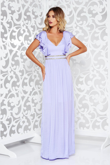 Rochie lila de ocazie din material satinat cu aplicatii stralucitoare captusita pe interior