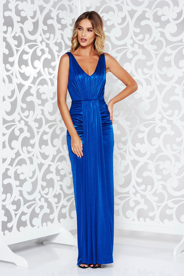 Rochie albastra de ocazie tip sirena din material usor elastic cu aspect metalic captusita pe interior