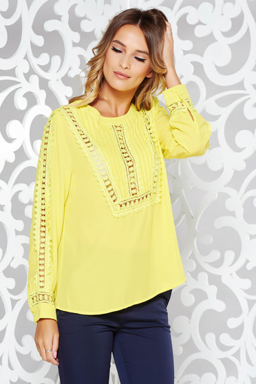 Bluza dama galbena casual cu croi larg din voal cu aplicatii de dantela
