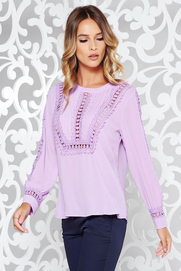 Bluza dama lila casual cu croi larg din voal cu aplicatii de dantela