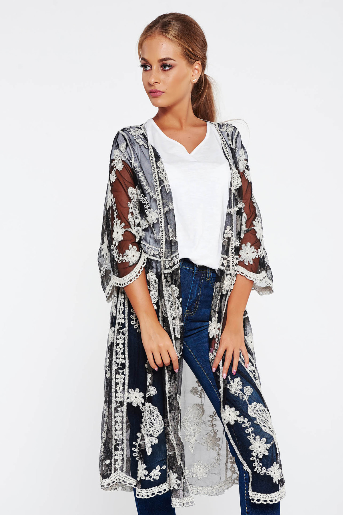 Cardigan negru lunga din bumbac cu croi larg din material transparent brodat