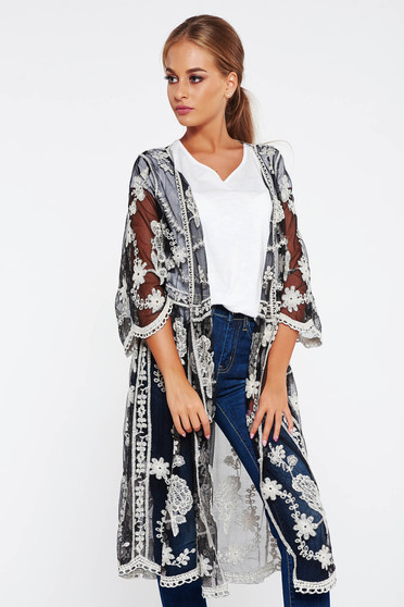 Cardigan negru lunga din bumbac cu croi larg din material transparent brodat