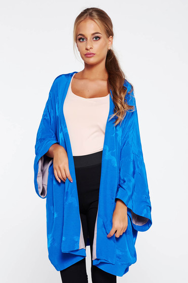 Cardigan albastru casual lunga cu croi larg din material satinat