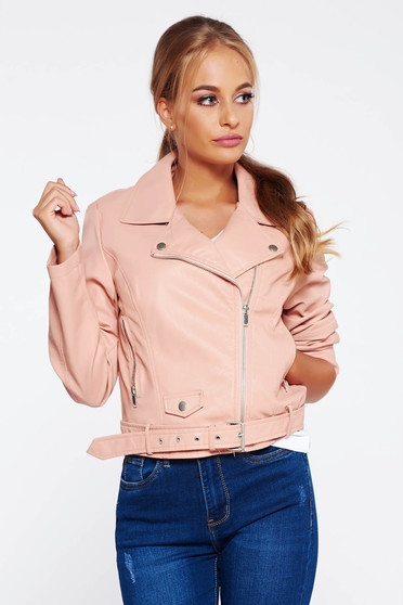 Geaca rosa casual din piele ecologica captusita pe interior cu buzunare