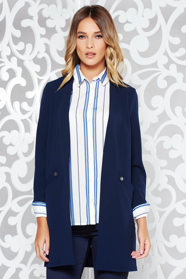 Sacou albastru-inchis office cu croi larg din material usor elastic cu buzunare false
