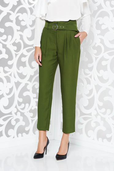 Pantaloni verde inchis office cu talie inalta din material neelastic cu accesoriu tip curea