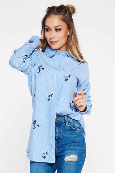 Camasa dama albastra casual din bumbac cu insertii de broderie