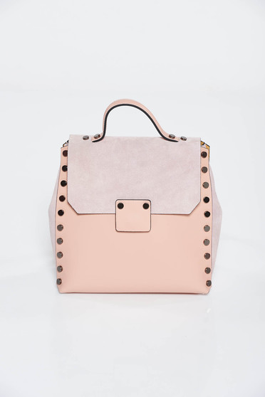 Rucsac rosa casual din piele naturala cu tinte metalice
