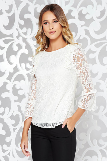 Bluza dama StarShinerS alba eleganta cu croi larg din dantela captusita pe interior cu volanase la maneca