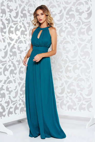 Rochie LaDonna verde-inchis de ocazie in clos din voal captusita pe interior cu bust buretat