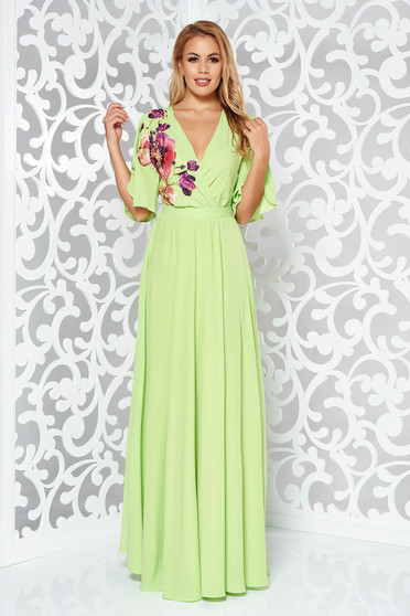 Rochie StarShinerS verde de ocazie din voal captusita pe interior cu elastic in talie si maneci largi