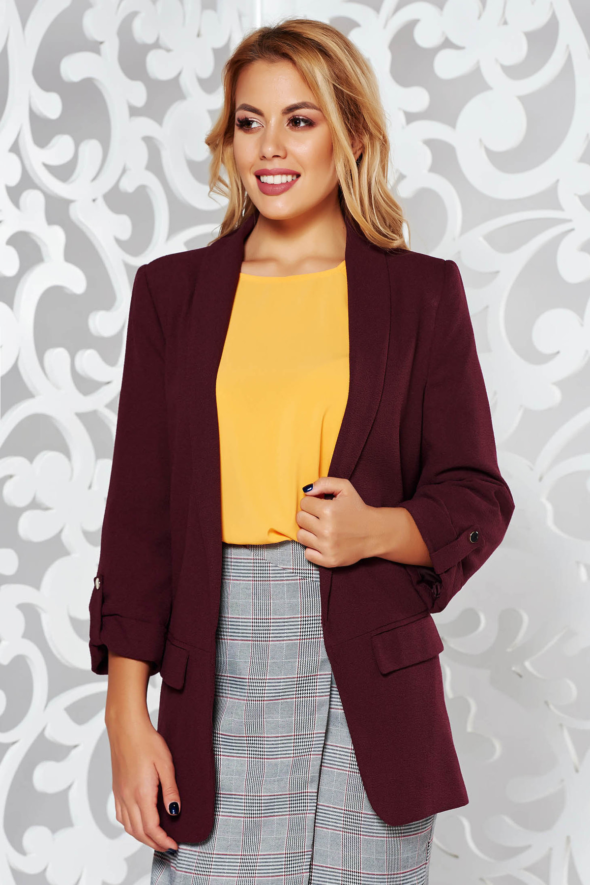 Sacou mov office cambrat cu maneca 3/4 din stofa neelastica cu buzunare