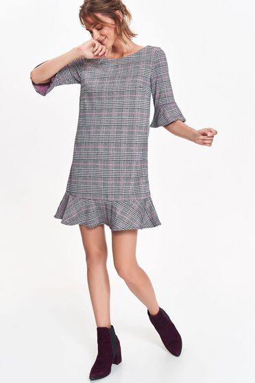 Rochie Top Secret gri office cu croi larg din material vaporos in carouri cu volanase