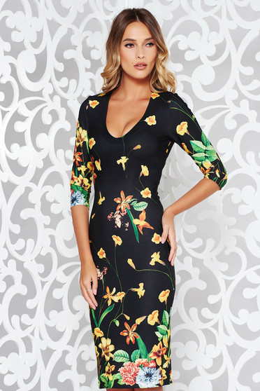 Rochie StarShinerS neagra office midi tip creion din material usor elastic cu decolteu rotunjit