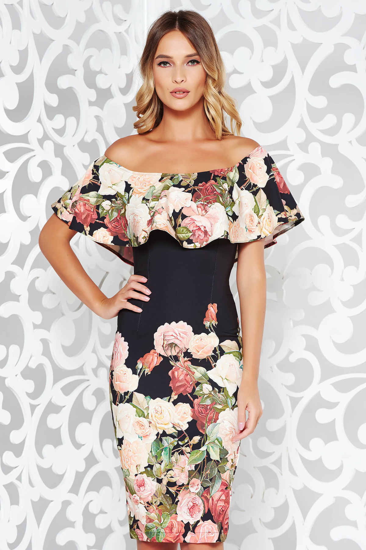 Rochie StarShinerS neagra de ocazie midi tip creion cu umeri goi material fin la atingere cu imprimeu floral