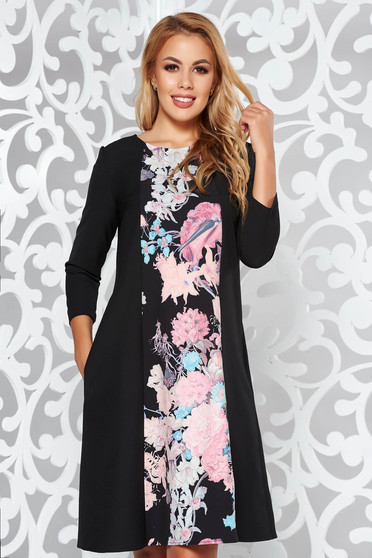 Rochie StarShinerS neagra eleganta midi cu croi larg din stofa usor elastica cu buzunare