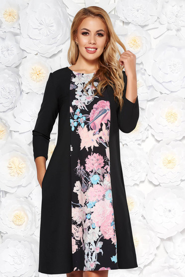 Rochie StarShinerS neagra eleganta midi cu croi larg din stofa usor elastica cu buzunare