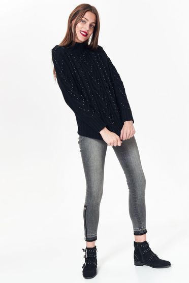 Pulover Top Secret negru casual cu croi larg din material tricotat cu aplicatii stralucitoare