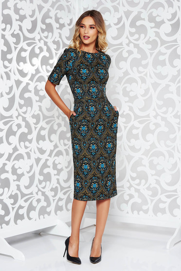 Rochie StarShinerS albastra eleganta din jaquard cu maneci scurte cu buzunare