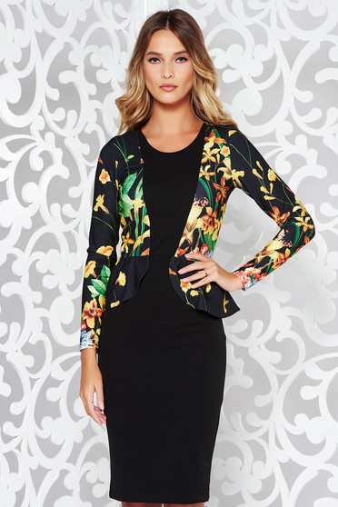 Rochie StarShinerS neagra office tip creion din material usor elastic cu peplum