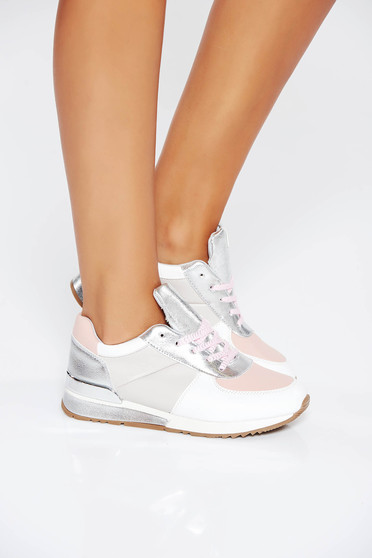 Pantofi sport roz casual din piele ecologica cu talpa joasa si cu siret
