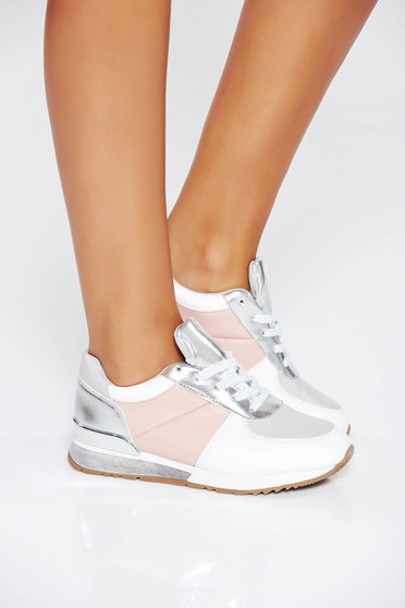 Pantofi sport gri casual din piele ecologica cu talpa joasa si cu siret