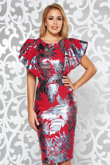 Rochie rosie de ocazie tip creion din material usor elastic cu imprimeu floral stralucitor