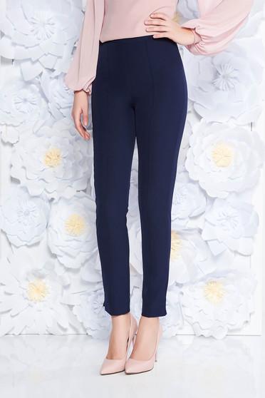 Pantaloni StarShinerS albastri-inchis eleganti office cu talie inalta din material usor elastic cu buzunare