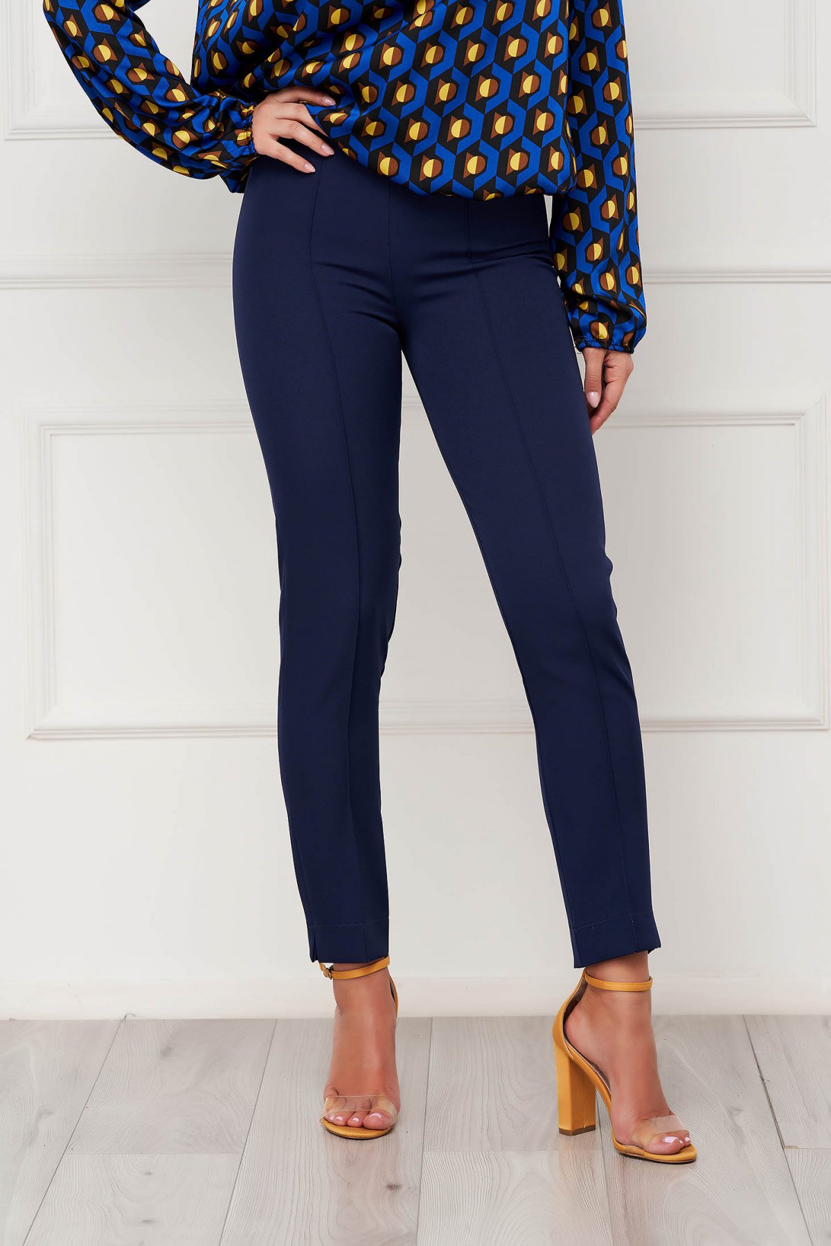 Pantaloni StarShinerS albastri-inchis eleganti office cu talie inalta din material usor elastic cu buzunare