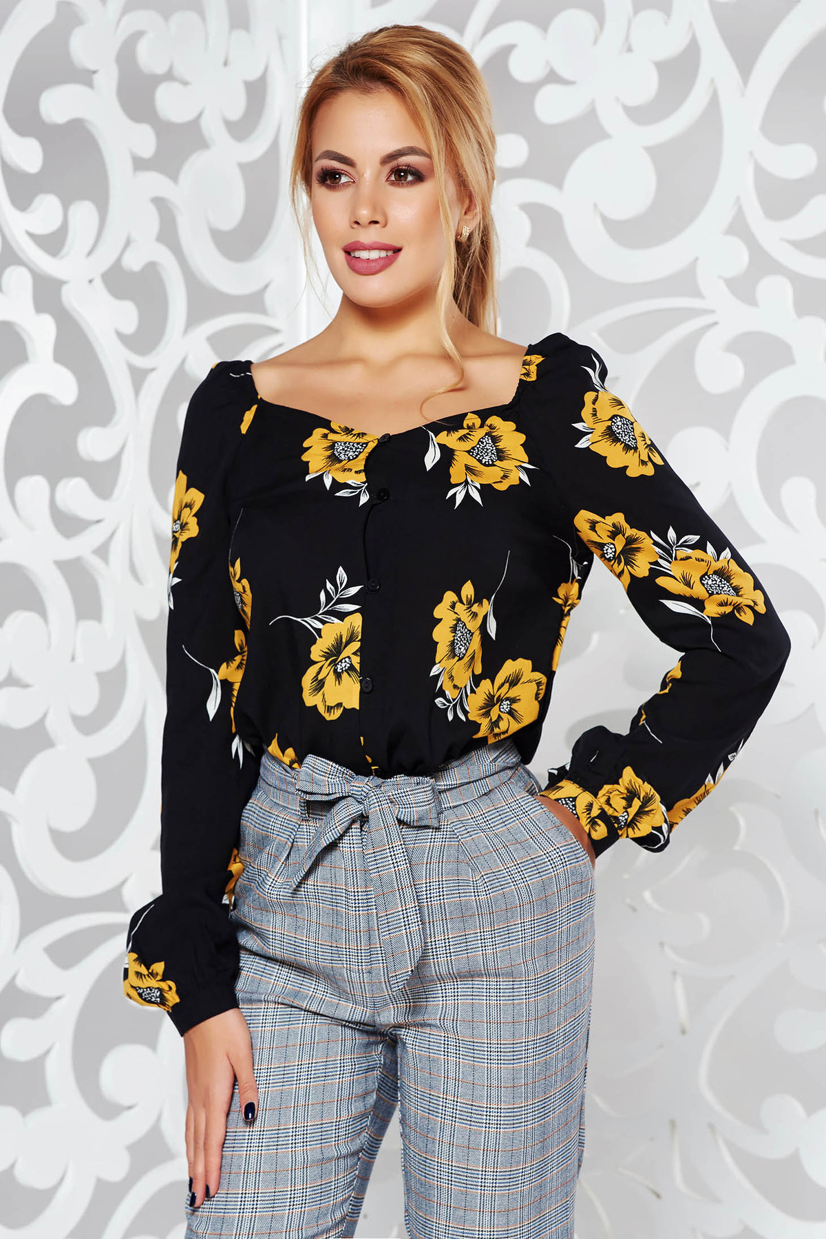 Bluza dama StarShinerS neagra casual cu croi larg cu maneci lungi din material neelastic