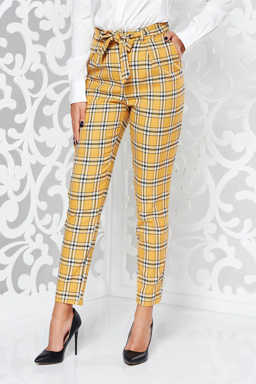 Pantaloni StarShinerS mustarii casual conici cu talie medie din stofa neelastica in carouri
