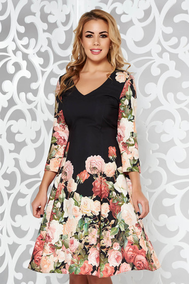 Rochie StarShinerS neagra eleganta midi in clos din material fin la atingere cu decolteu in v