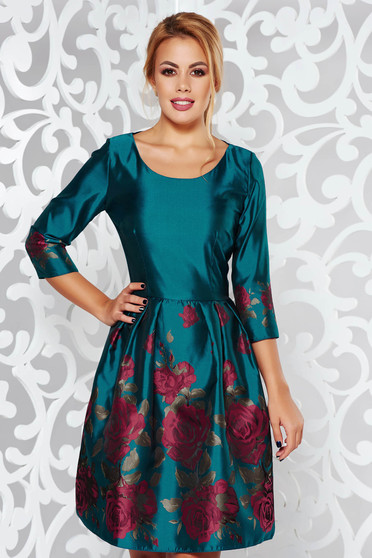 Rochie PrettyGirl turcoaz de ocazie in clos din material lucios cu imprimeuri florale