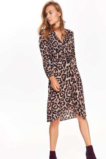 Rochie Top Secret piersica casual asimetrica cu decolteu in v cu maneci lungi