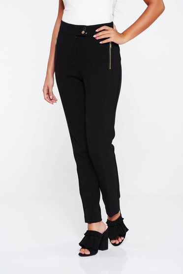 Pantaloni negri office cu talie medie cu un croi mulat din material usor elastic