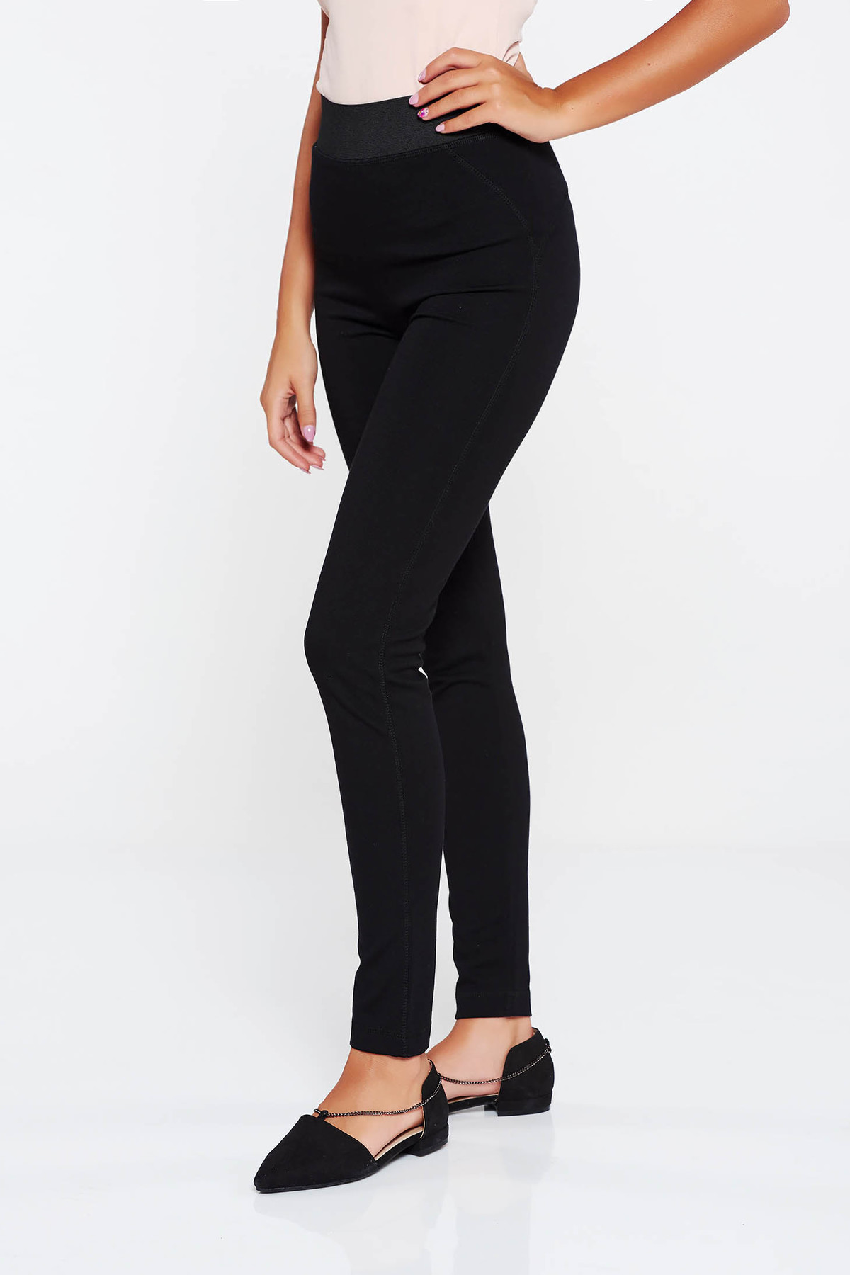 Colanti negri casual cu talie inalta din bumbac cu elastic in talie